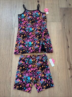 NWT Paper Flower Paint Splatter Mini Dress Set Girls Medium Matching Bike Shorts